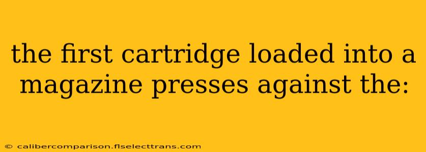 the first cartridge loaded into a magazine presses against the: